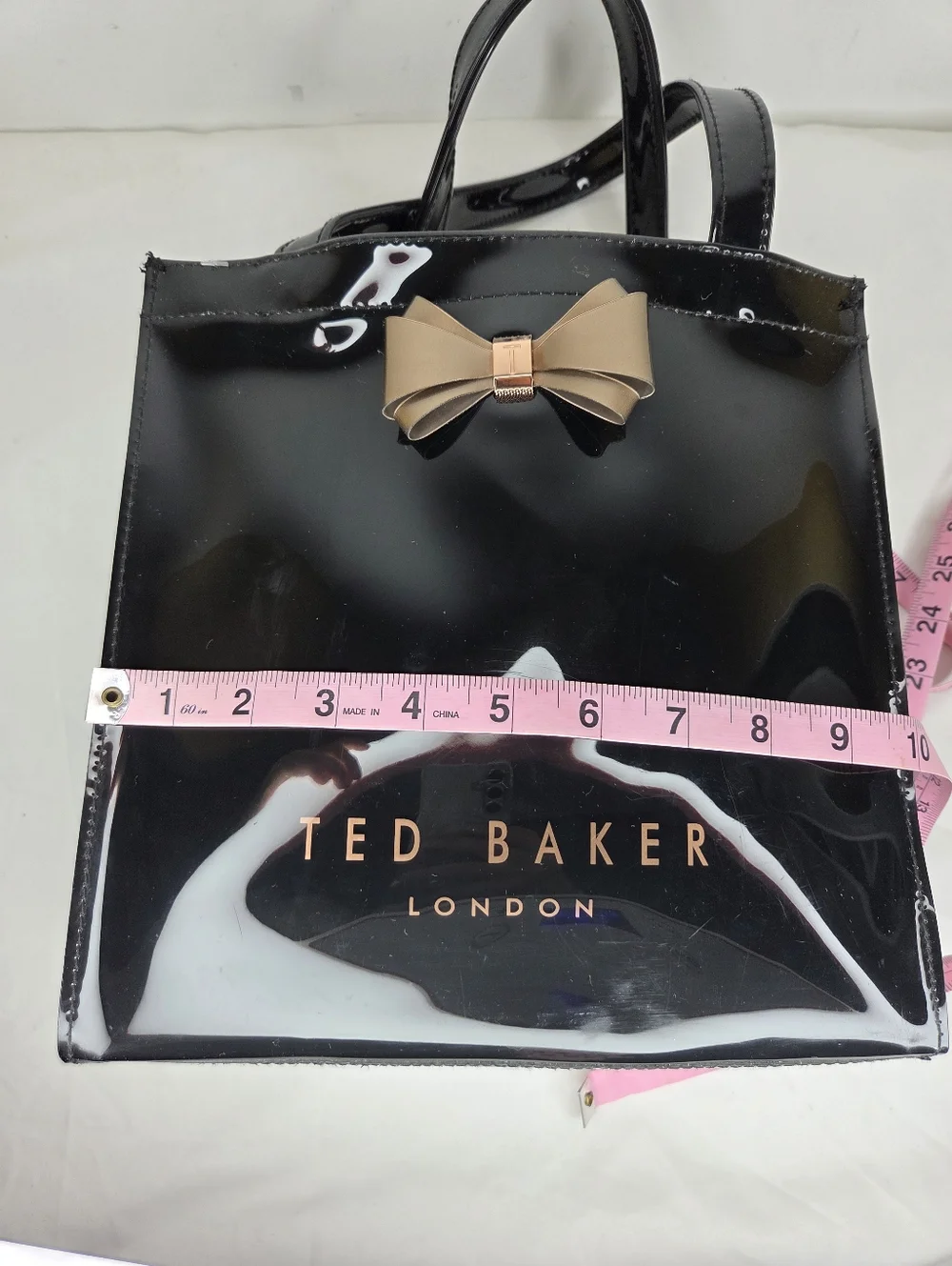 Ted Baker London Patent PVC Tote Bag Gold Bow In Glossy Black Finish - Picture 16 of 16